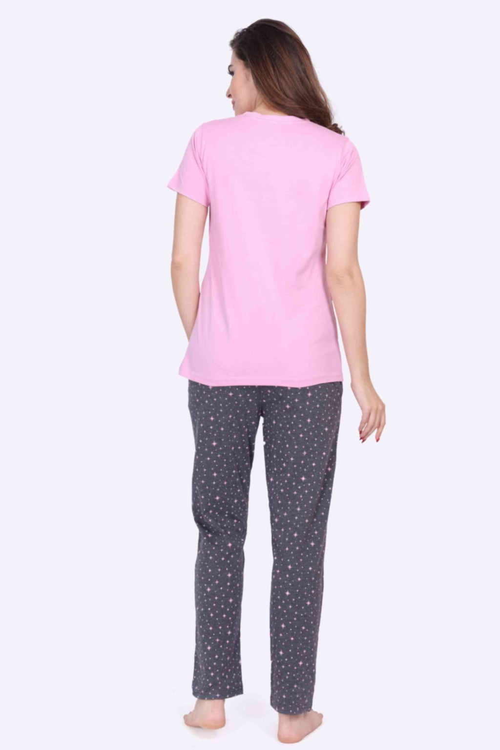 Women Night Suit Printed Pink Color Top & Star Printed Dark Grey Pyjama Set - ParrotCrow