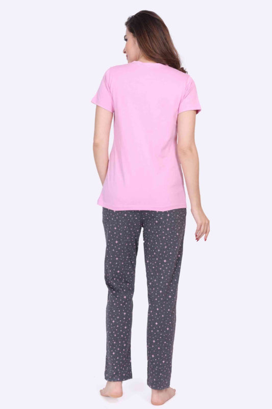 Women Night Suit Printed Pink Color Top & Star Printed Dark Grey Pyjama Set - ParrotCrow