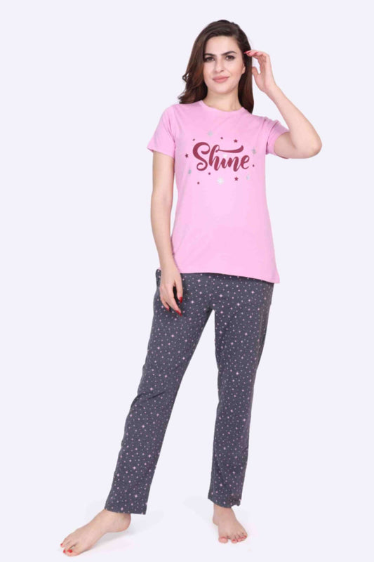 Women Night Suit Printed Pink Color Top & Star Printed Dark Grey Pyjama Set - ParrotCrow