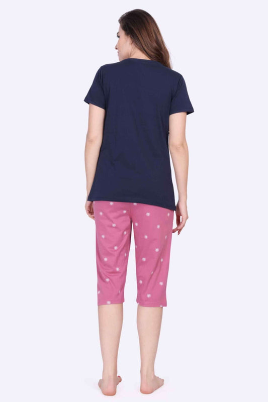 Women’s Printed Navy Top & Dot Printed Pink 3/4th Capri Night Suit Set - ParrotCrow