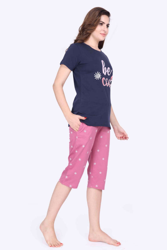 Women’s Printed Navy Top & Dot Printed Pink 3/4th Capri Night Suit Set - ParrotCrow