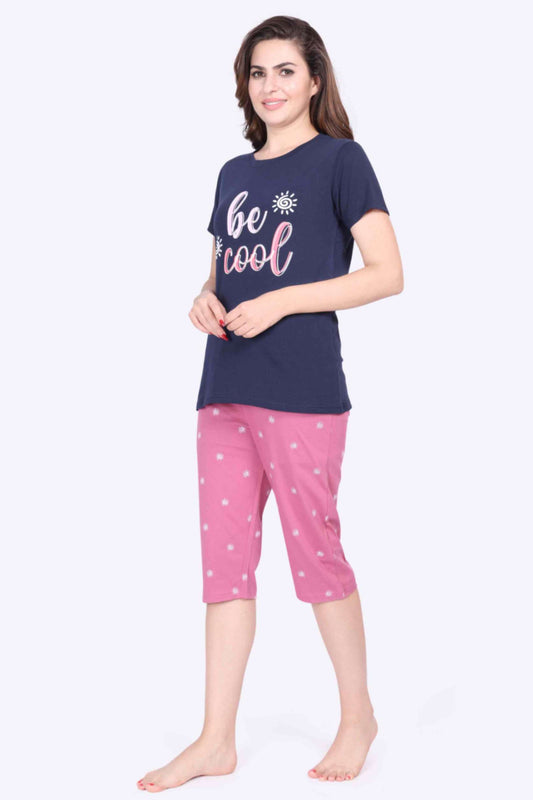 Women’s Printed Navy Top & Dot Printed Pink 3/4th Capri Night Suit Set - ParrotCrow