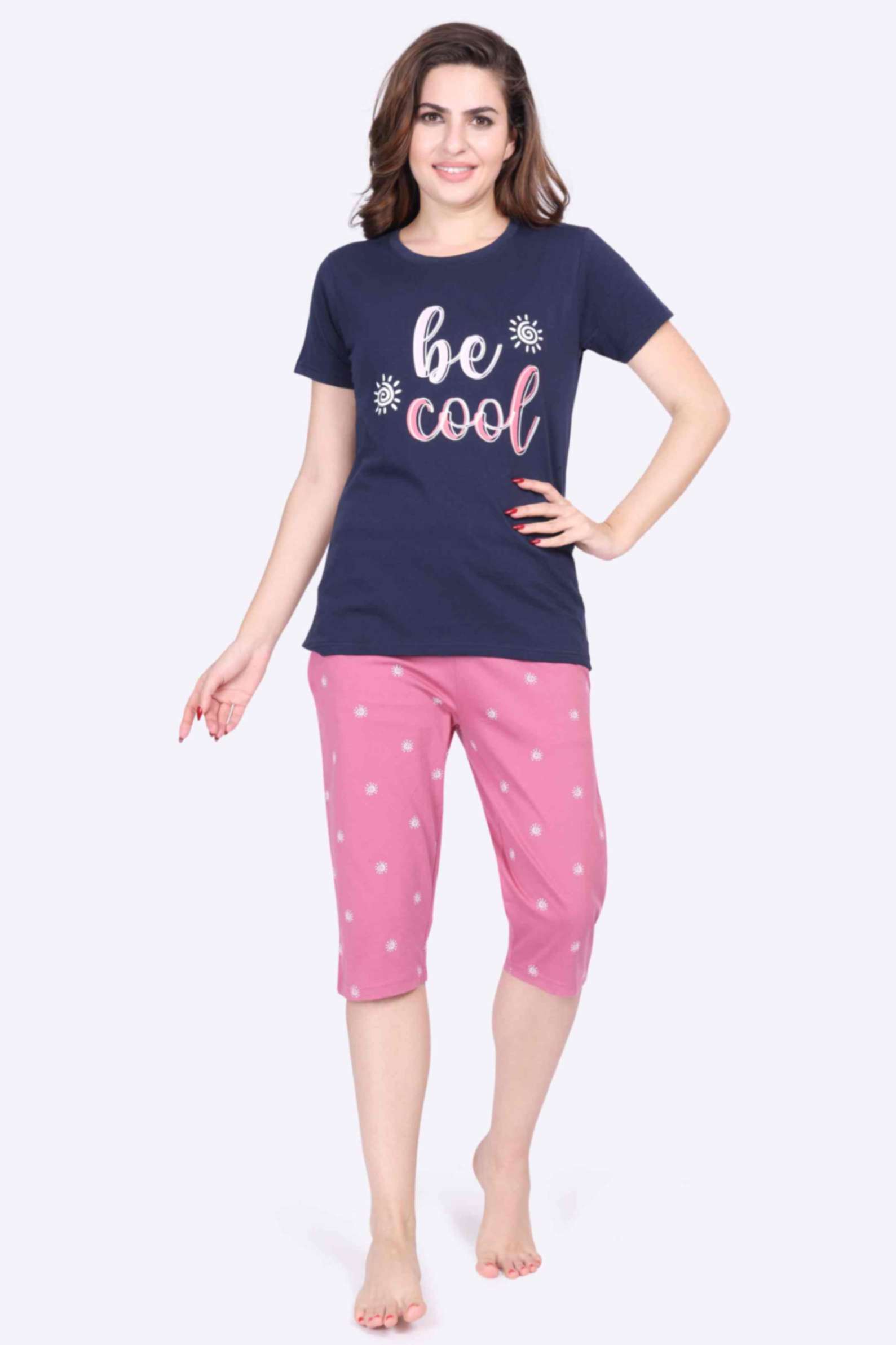 Women’s Printed Navy Top & Dot Printed Pink 3/4th Capri Night Suit Set - ParrotCrow