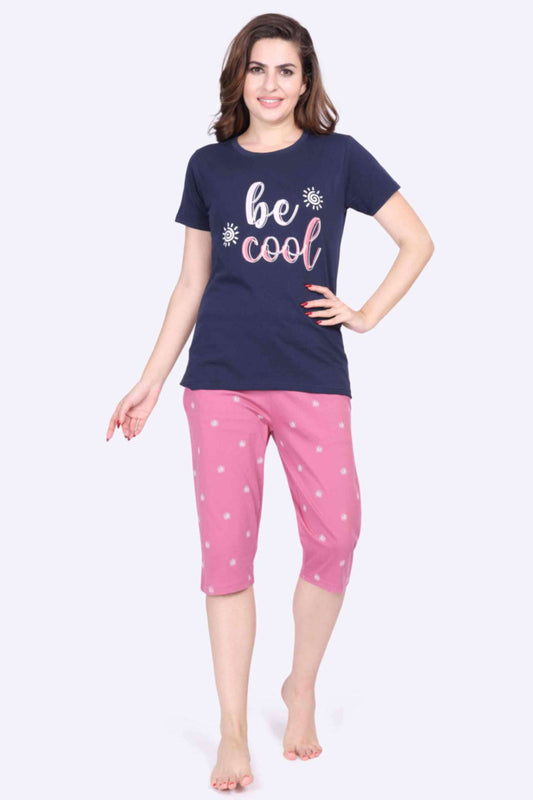 Women’s Printed Navy Top & Dot Printed Pink 3/4th Capri Night Suit Set - ParrotCrow