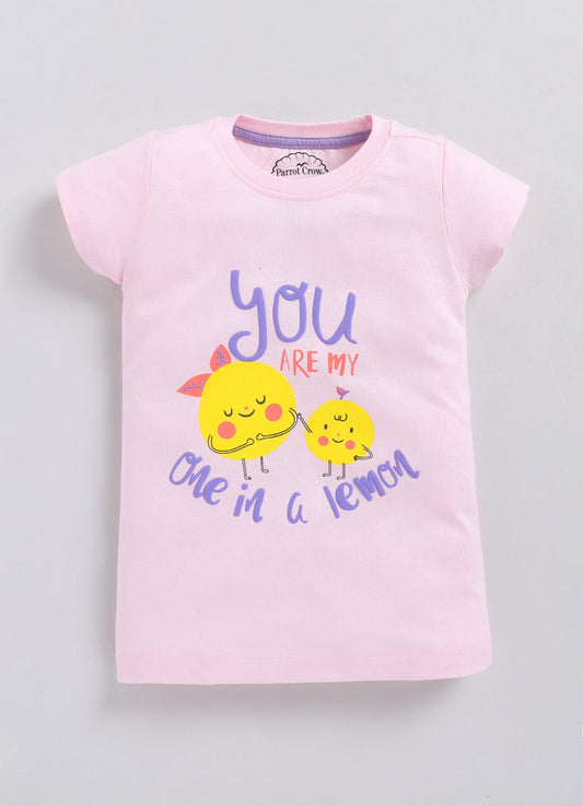 You are my one in a lemon Printed Cotton T-Shirt for Girls - Light Pink - ParrotCrow