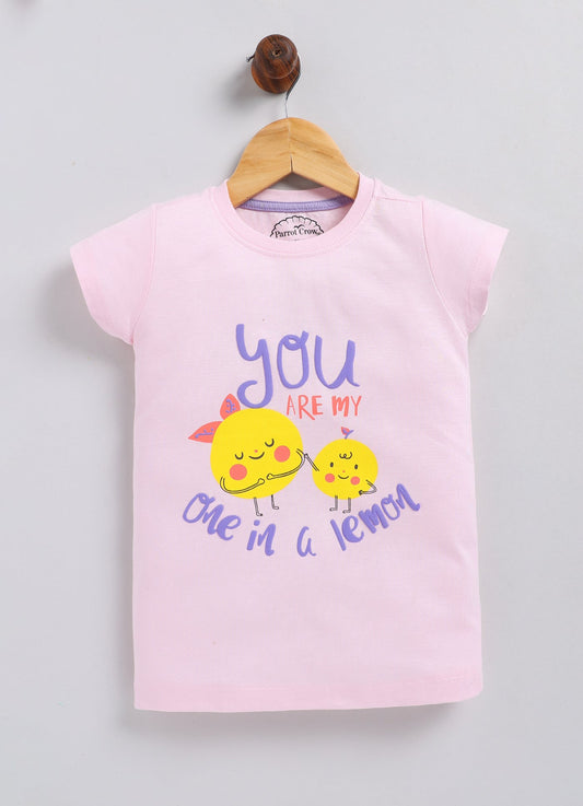 You are my one in a lemon Printed Cotton T-Shirt for Girls - Light Pink - ParrotCrow