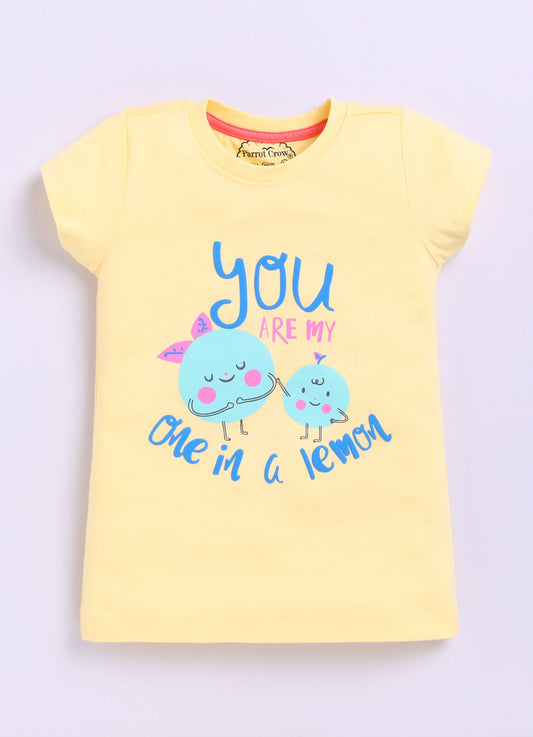 You are my one in a lemon Printed Cotton T-Shirt for Girls - Yellow - ParrotCrow