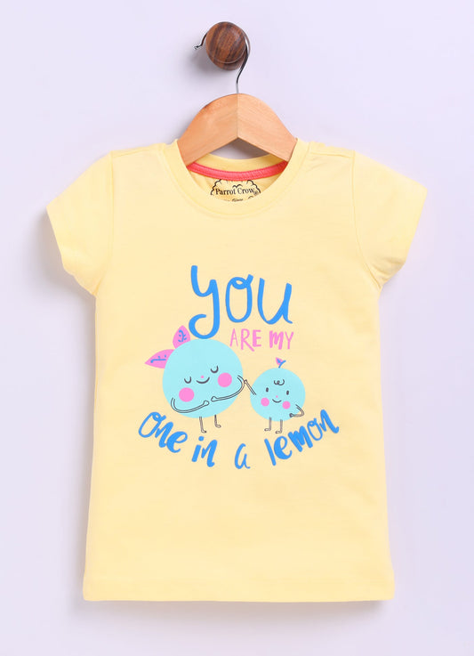 You are my one in a lemon Printed Cotton T-Shirt for Girls - Yellow - ParrotCrow