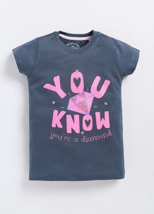 You know you're a diamond Printed Cotton T-Shirt for Girls - Navy - ParrotCrow