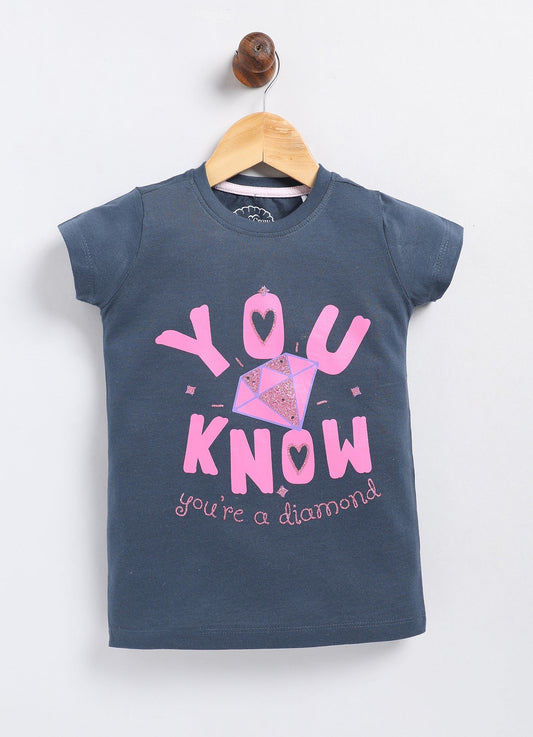 You know you're a diamond Printed Cotton T-Shirt for Girls - Navy - ParrotCrow