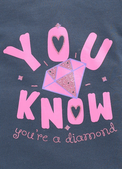 You know you're a diamond Printed Cotton T-Shirt for Girls - Navy - ParrotCrow