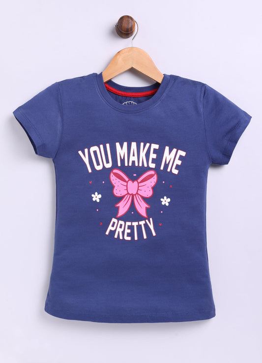 You make me pretty Printed Cotton T-Shirt for Girls - Blue - ParrotCrow