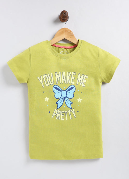 You make me pretty Printed Cotton T-Shirt for Girls - Lime Green - ParrotCrow