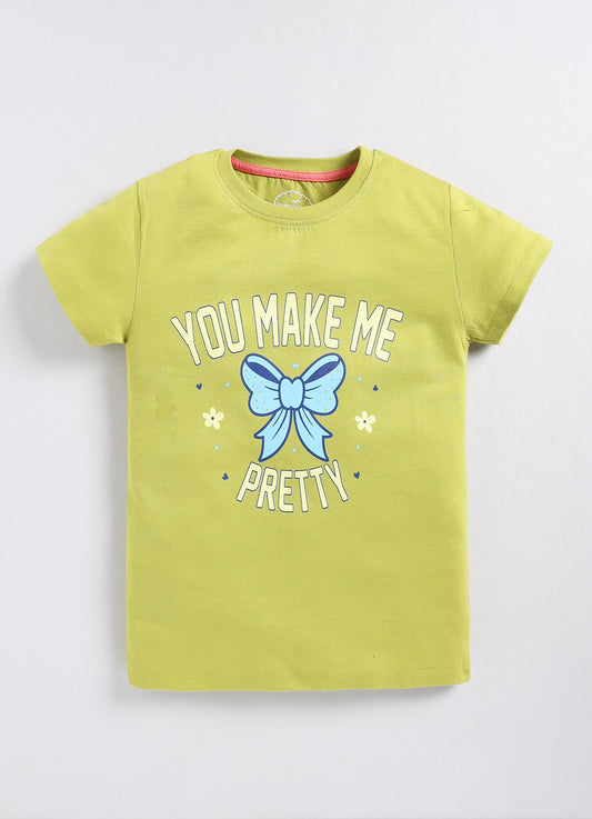 You make me pretty Printed Cotton T-Shirt for Girls - Lime Green - ParrotCrow